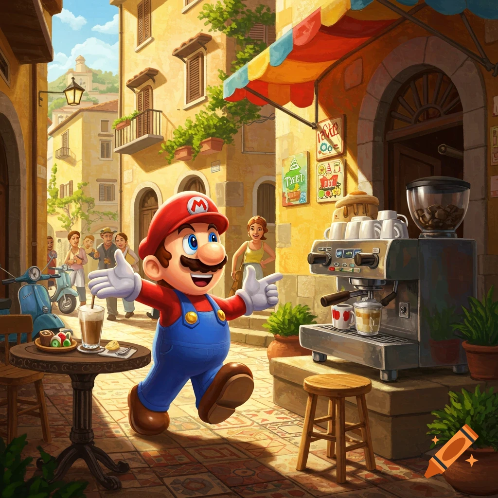 Super Mario smiles with open arms on a sunlit Italian street with a coffee shop, an espresso machine, and a scooter nearby.