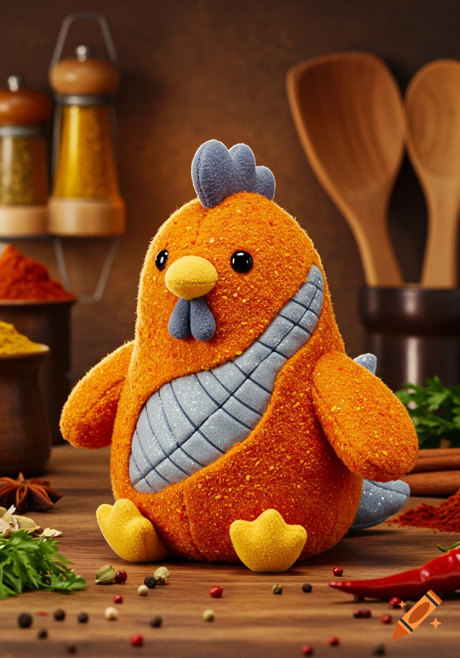 A fluffy orange chicken plush toy with blue and yellow details on a wooden table with spices.