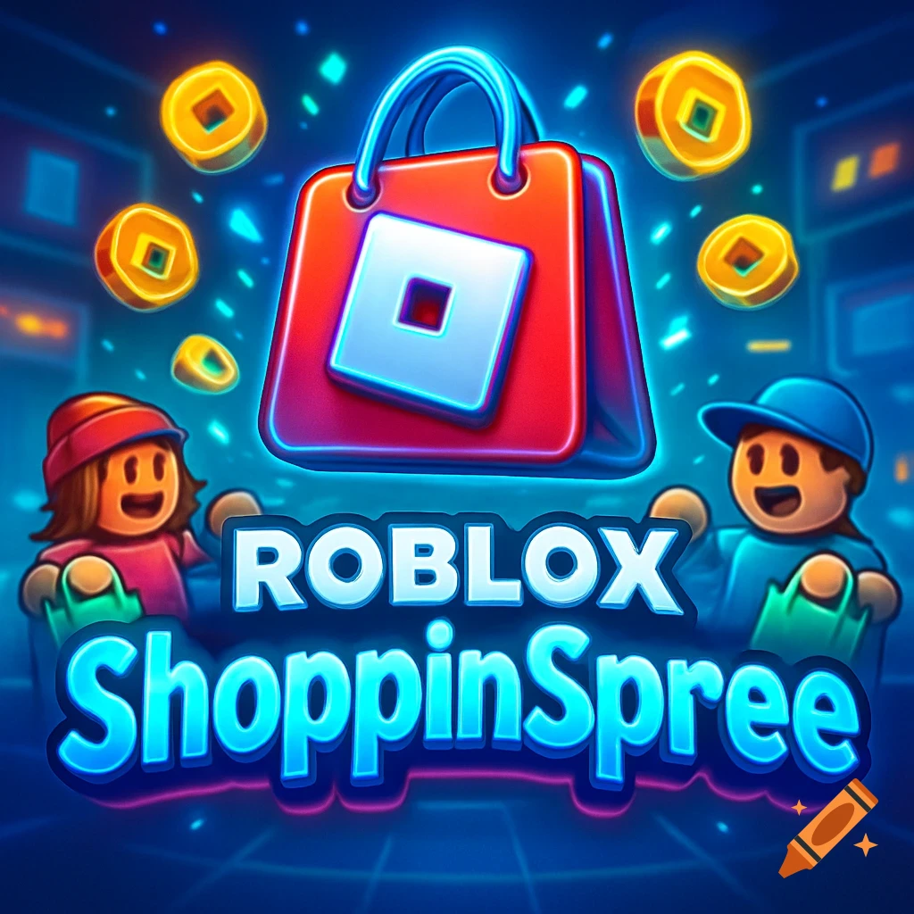 Roblox ShoppinSpree logo with characters, shopping bag, and coins in a vibrant digital art style.