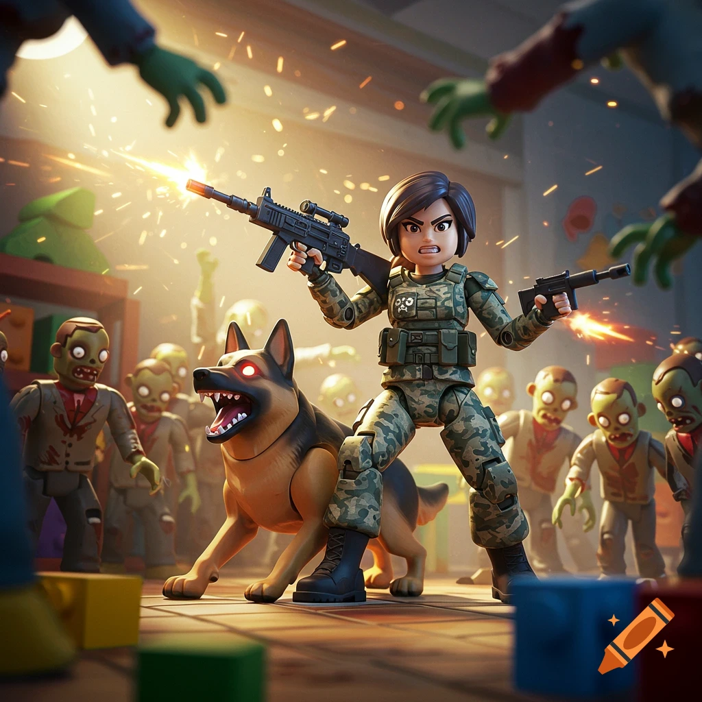 A female toy soldier and her German shepherd toy fighting off zombie toys in a playroom.