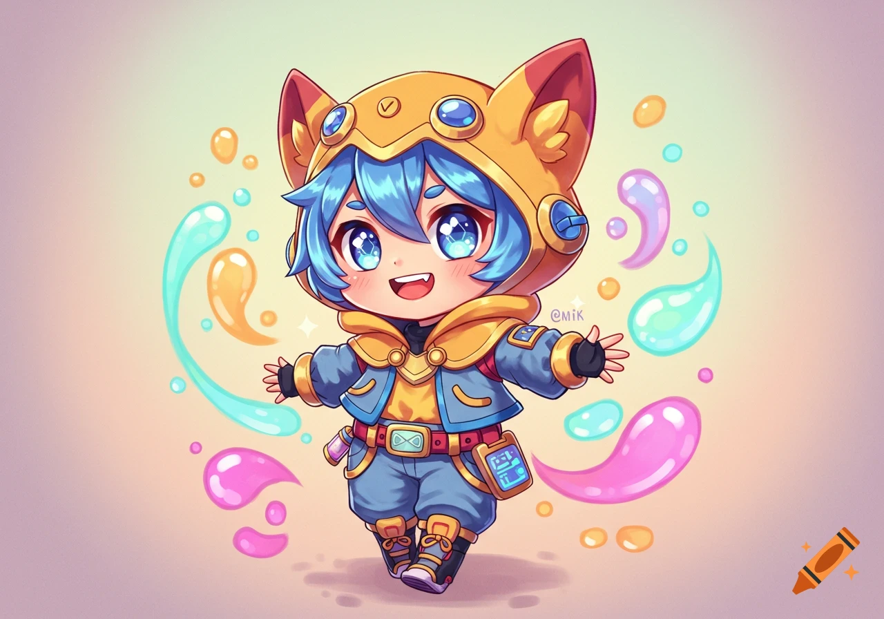 A cute chibi character with blue hair and big blue eyes, wearing a gold and blue outfit with a cat-eared hood, standing with arms open amidst colorful liquid splashes.