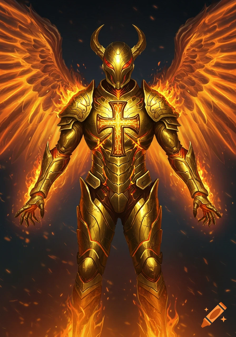A majestic figure in glowing golden molten armor with a cross insignia and fiery wings stands against a dark background with embers.
