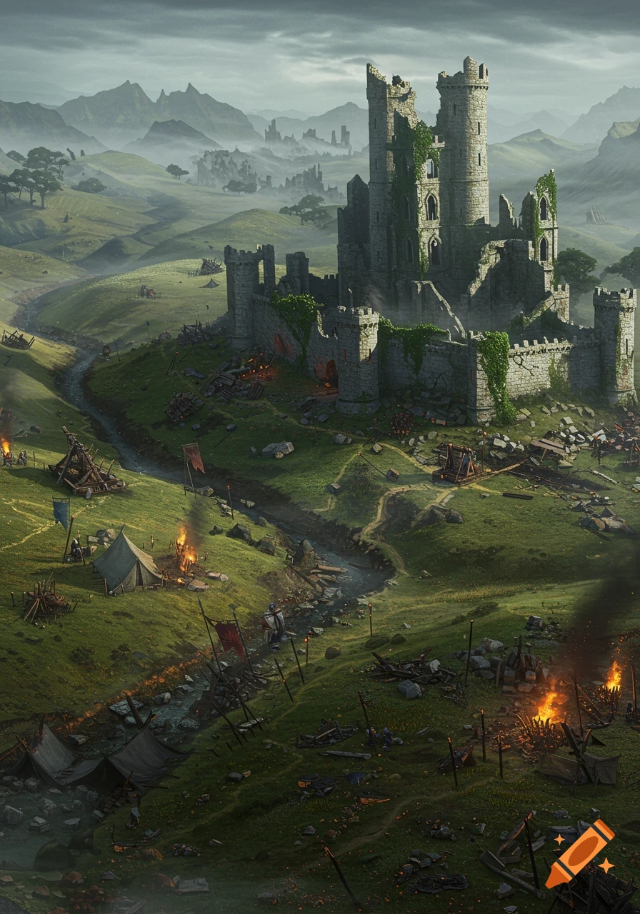 A ruined medieval castle stands on a green, hilly battlefield with tents, fires, and debris under a cloudy sky, fantasy art.