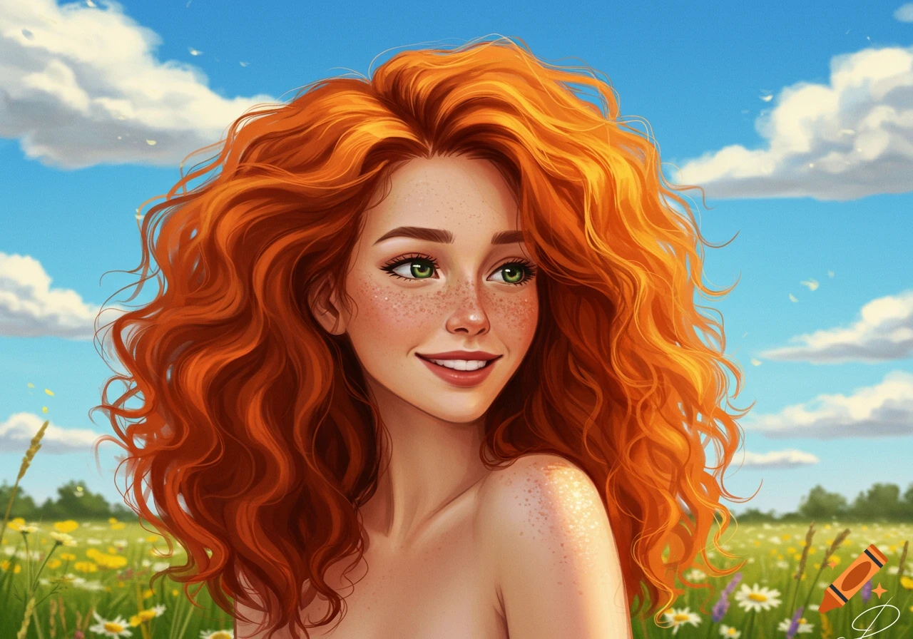 A vibrant portrait of a smiling redhead woman with green eyes and freckles amidst a sunny field of wildflowers.