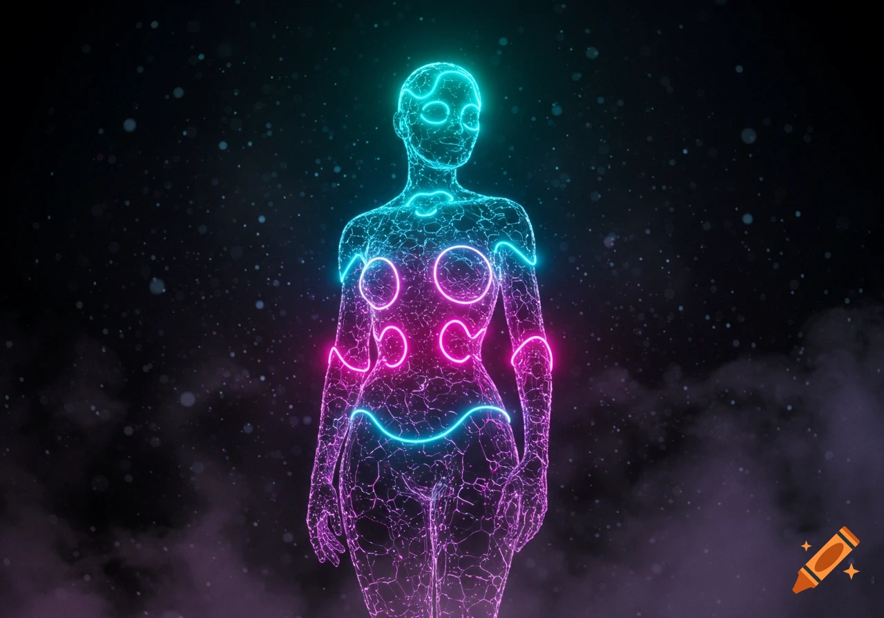 Abstract glowing humanoid figure made of interconnected lines, with neon pink and blue light, against a dark starry background.