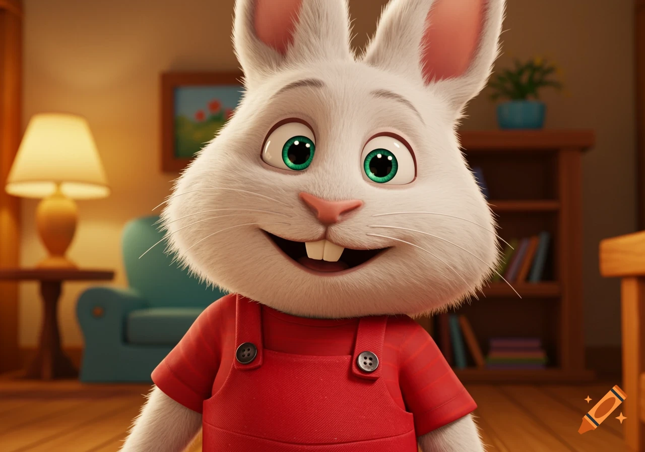 A smiling 3D animated white rabbit character with green eyes and red overalls in an indoor setting.