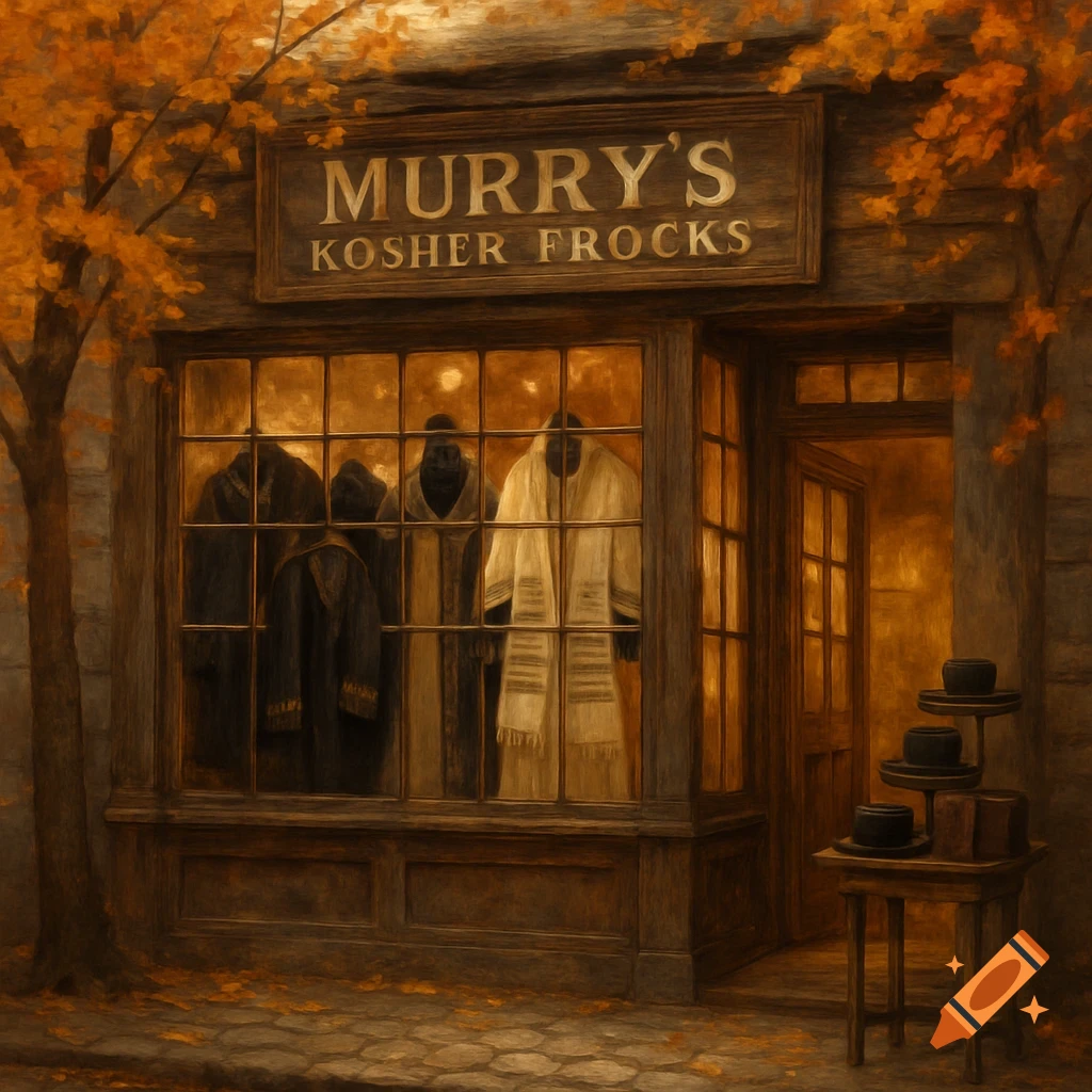 An old country-style store named Murry's Kosher Frocks, with robes displayed in the window and autumn leaves on the ground. Painterly style.