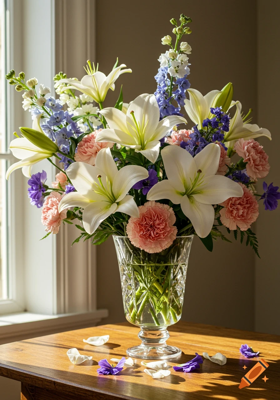 A beautiful bouquet of white lilies, pink carnations, blue delphiniums, and purple flowers in a crystal vase on a wooden table.