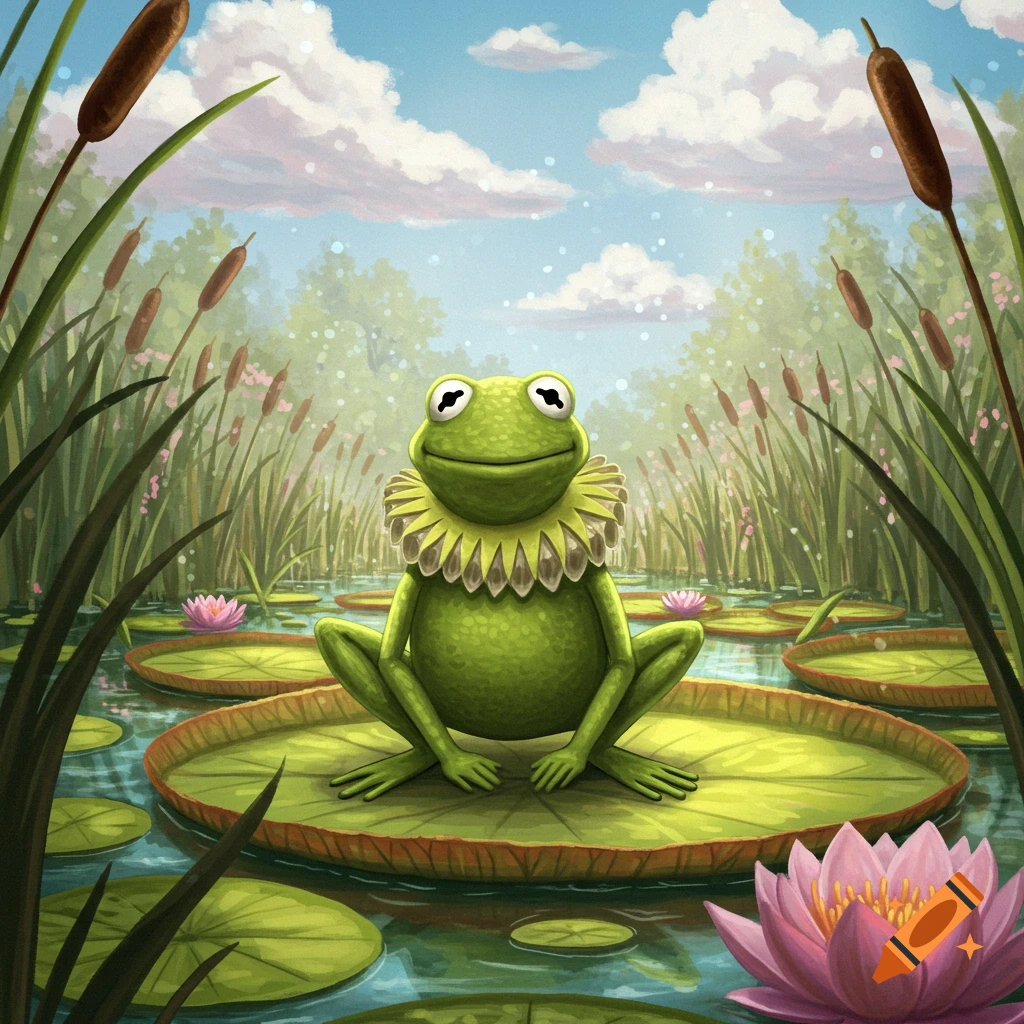 A green cartoon frog wearing a frilly collar sits on a lily pad in a pond, surrounded by water lilies and cattails under a cloudy sky.