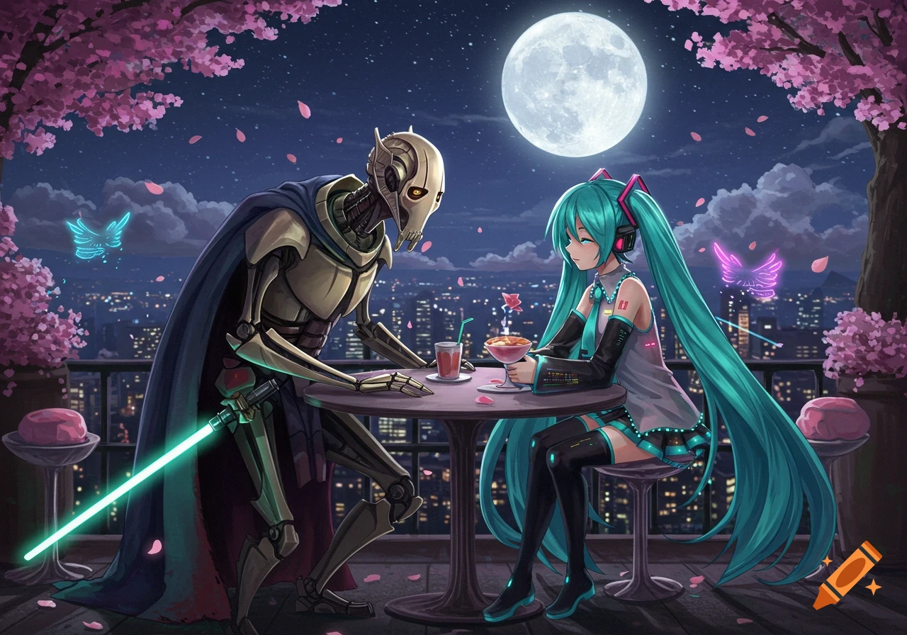 General Grievous and Hatsune Miku on a romantic date on a balcony overlooking a city skyline at night, under a full moon and cherry blossoms. They sit at a table with drinks, with Grievous holding a green lightsaber. The art style is anime-inspired digital painting.