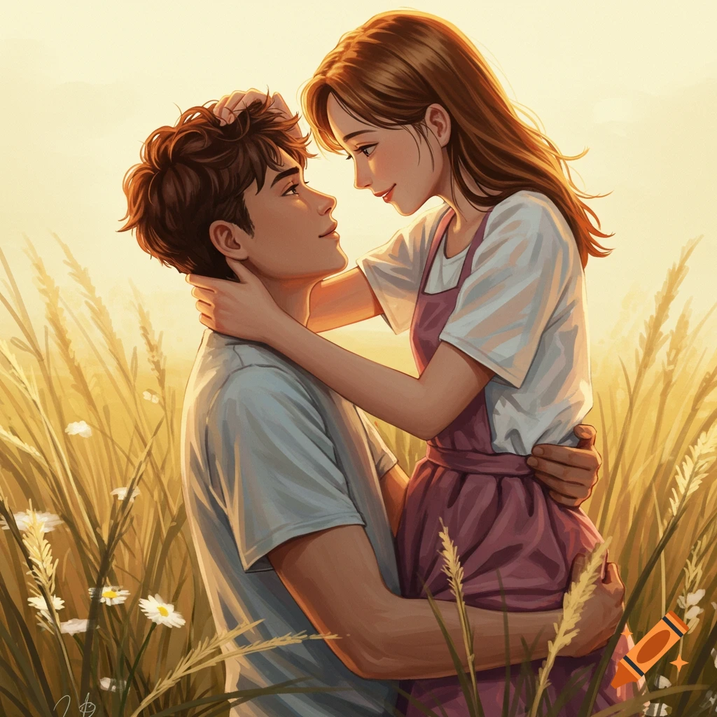 An illustrated romantic scene of a couple embracing in a sunlit field of tall grass.