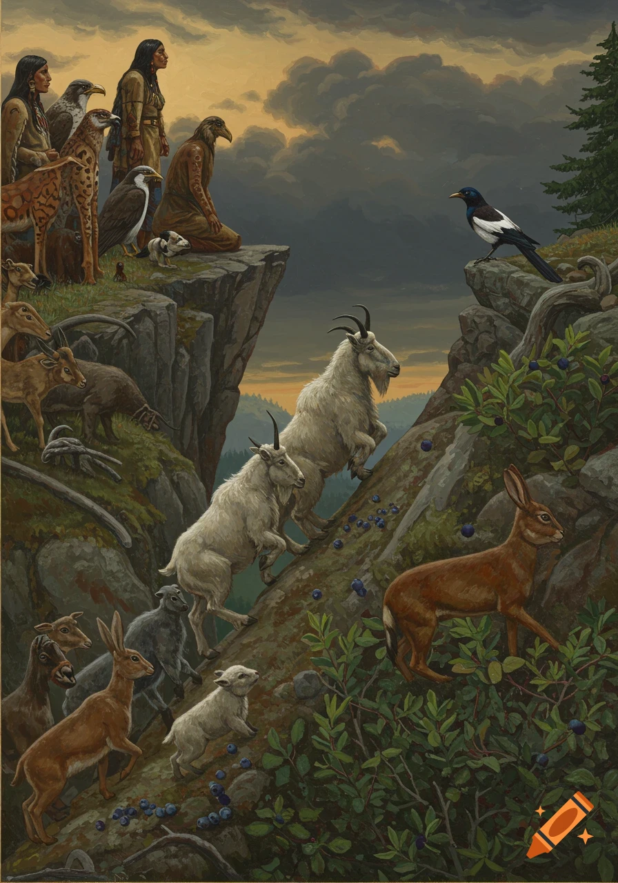 A stylized painting depicts mountain goats climbing a steep, blueberry-covered path, observed by various animals and human-like figures from a cliff.