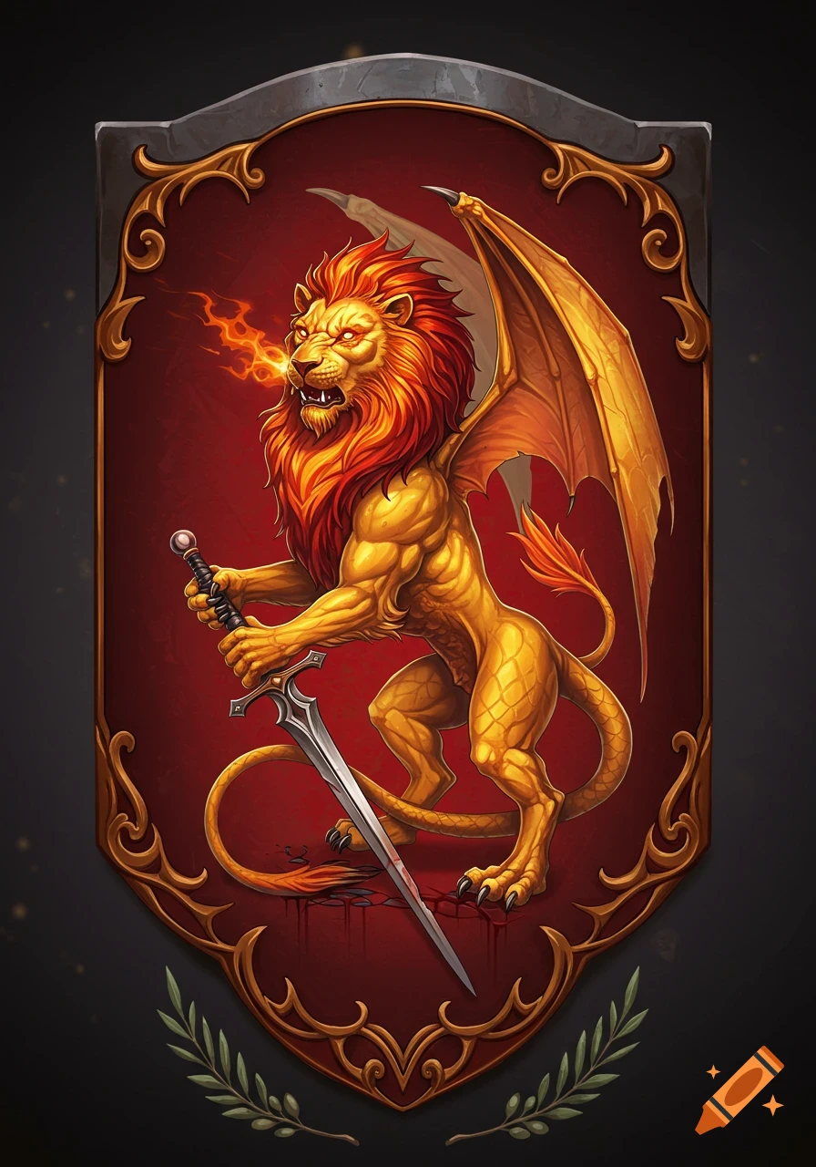 A golden, winged, draconic lion breathing fire and holding a broken sword, depicted on a red and gold shield.