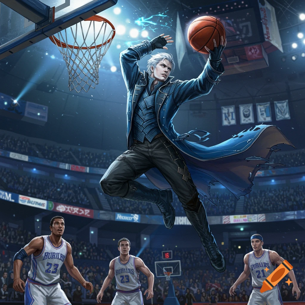 A white-haired man in a blue coat dunks a basketball in a crowded arena while two players watch, digital art.