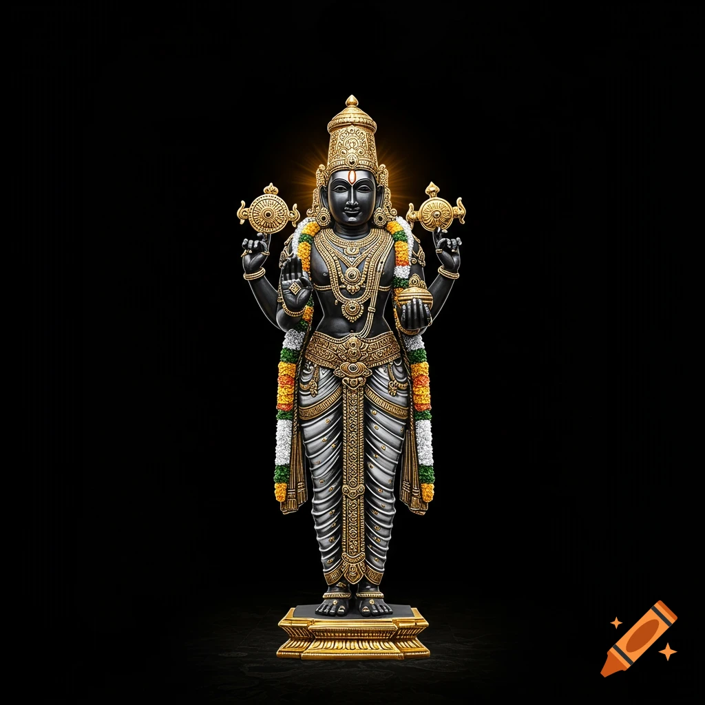 A detailed dark gray and gold statue of Lord Balaji with four arms, adorned with ornate jewelry and garlands, standing on a golden base against a solid black background.