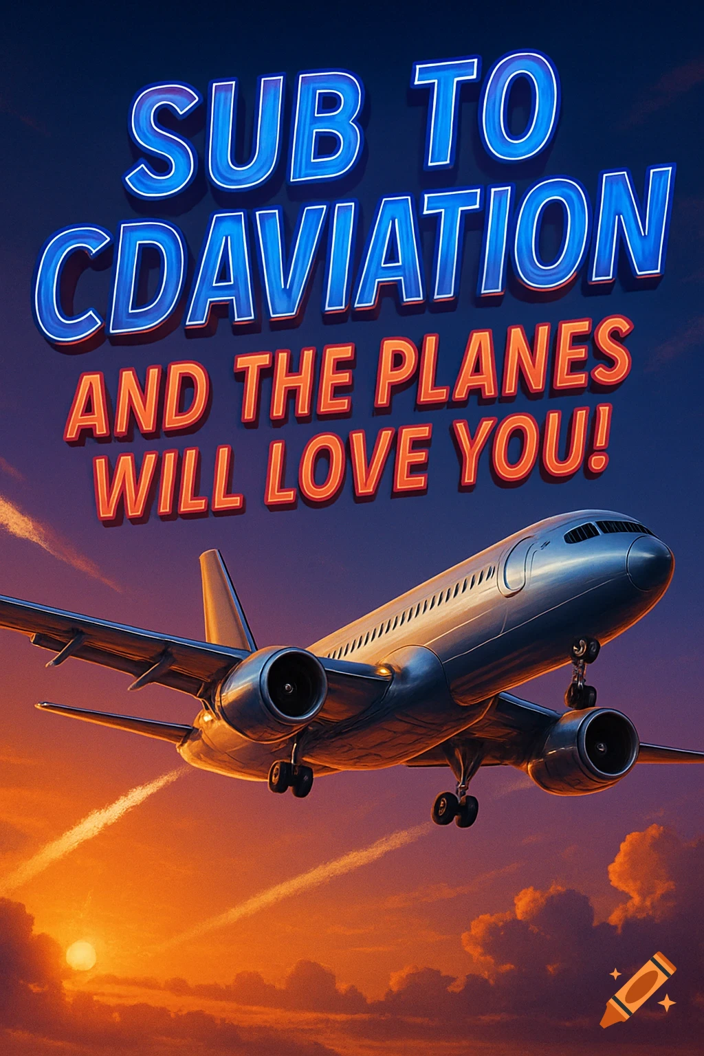 A stylized poster with an airplane flying against an orange and blue sunset sky. Large text reads 'SUB TO CDAviation AND THE PLANES WILL LOVE YOU!'