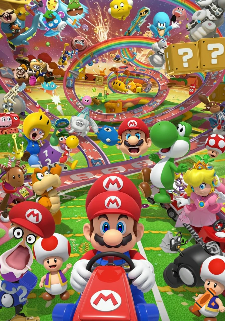 A chaotic scene with many Super Mario characters on a Rainbow Road-like track, featuring Mario in a kart and various other characters in dynamic poses.