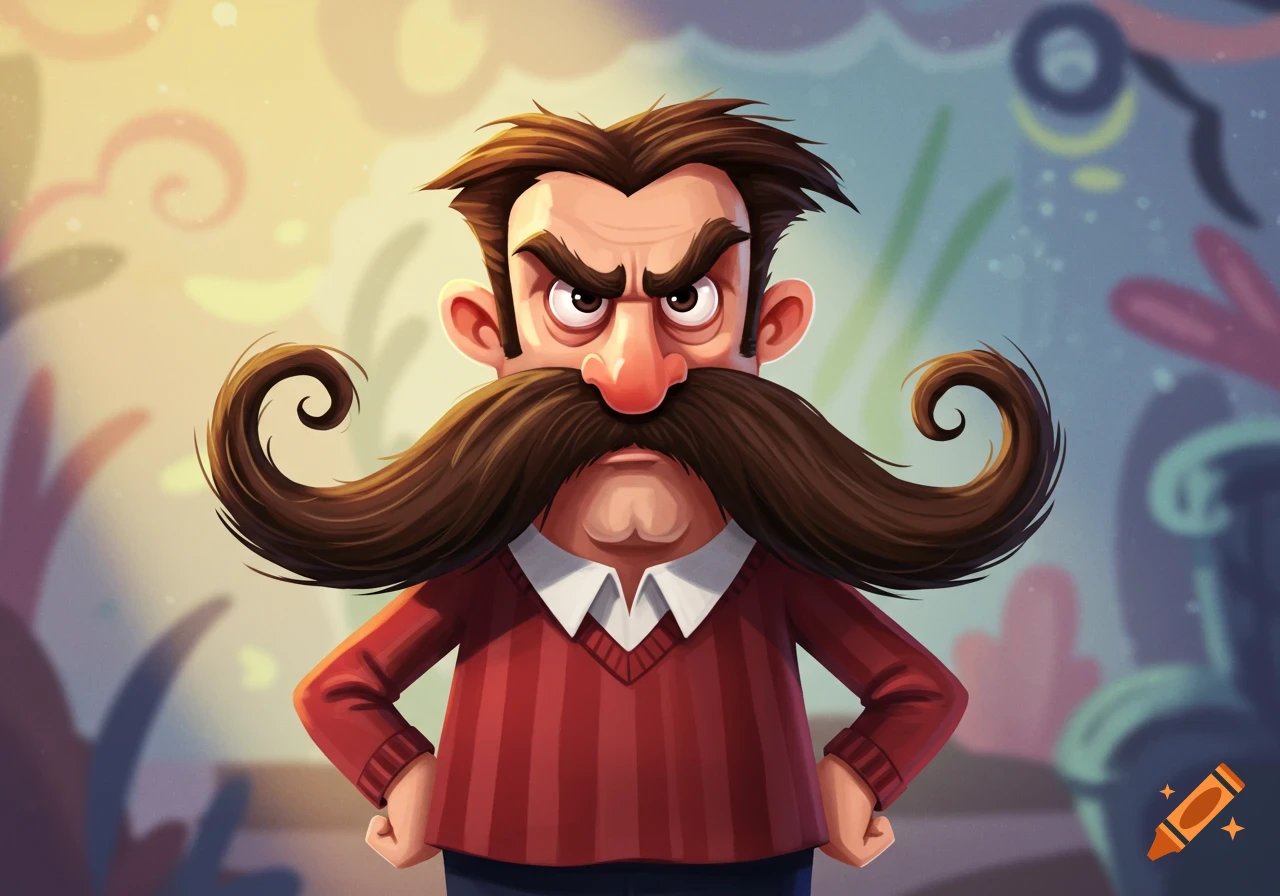 A grumpy cartoon man with a large, curly brown mustache and brown hair, wearing a red striped sweater and white collar, stands with hands on hips.