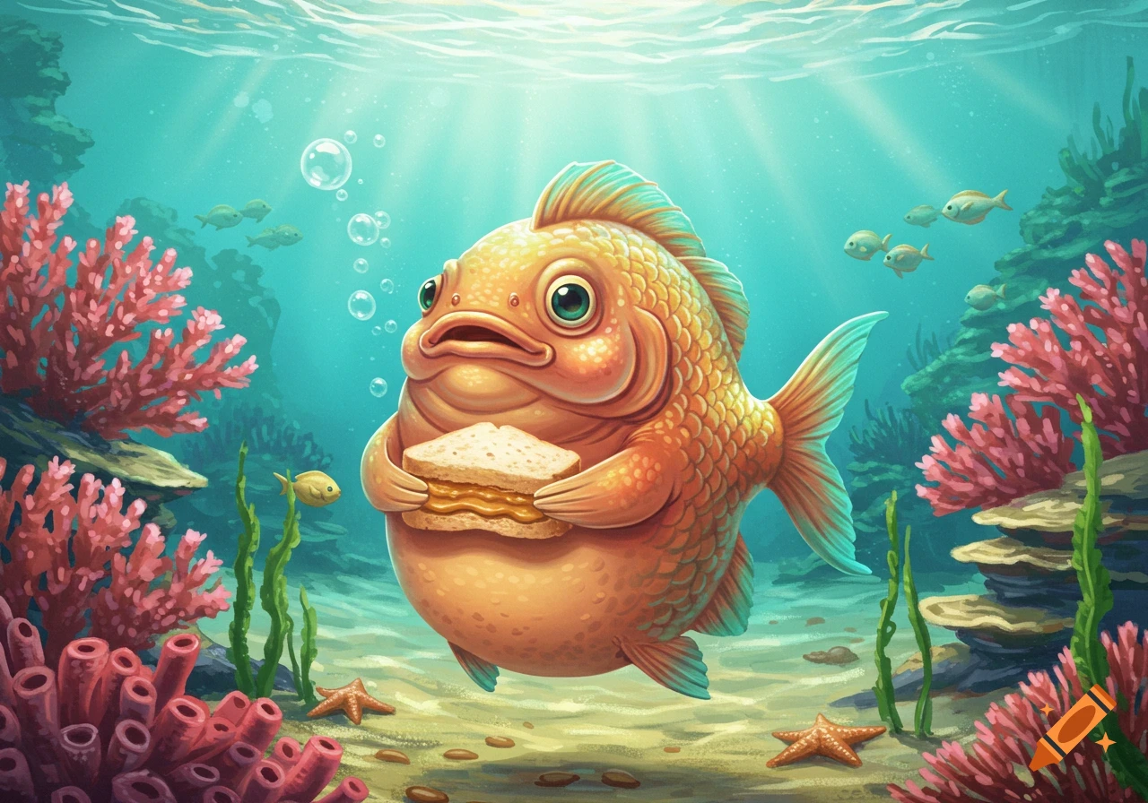 A plump, cartoonish orange fish with blue fins holds a peanut butter sandwich underwater amidst coral and seaweed.