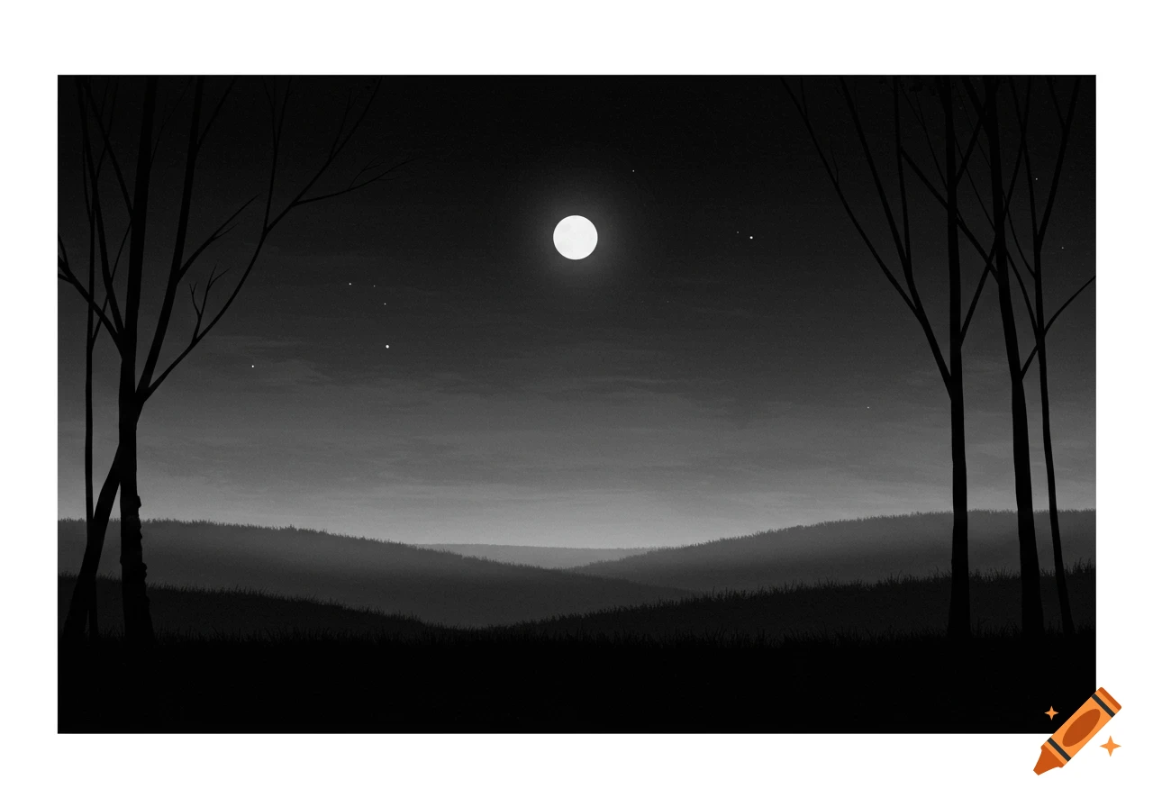Minimalist grayscale landscape at midnight with a full moon, silhouetted trees, and rolling hills.