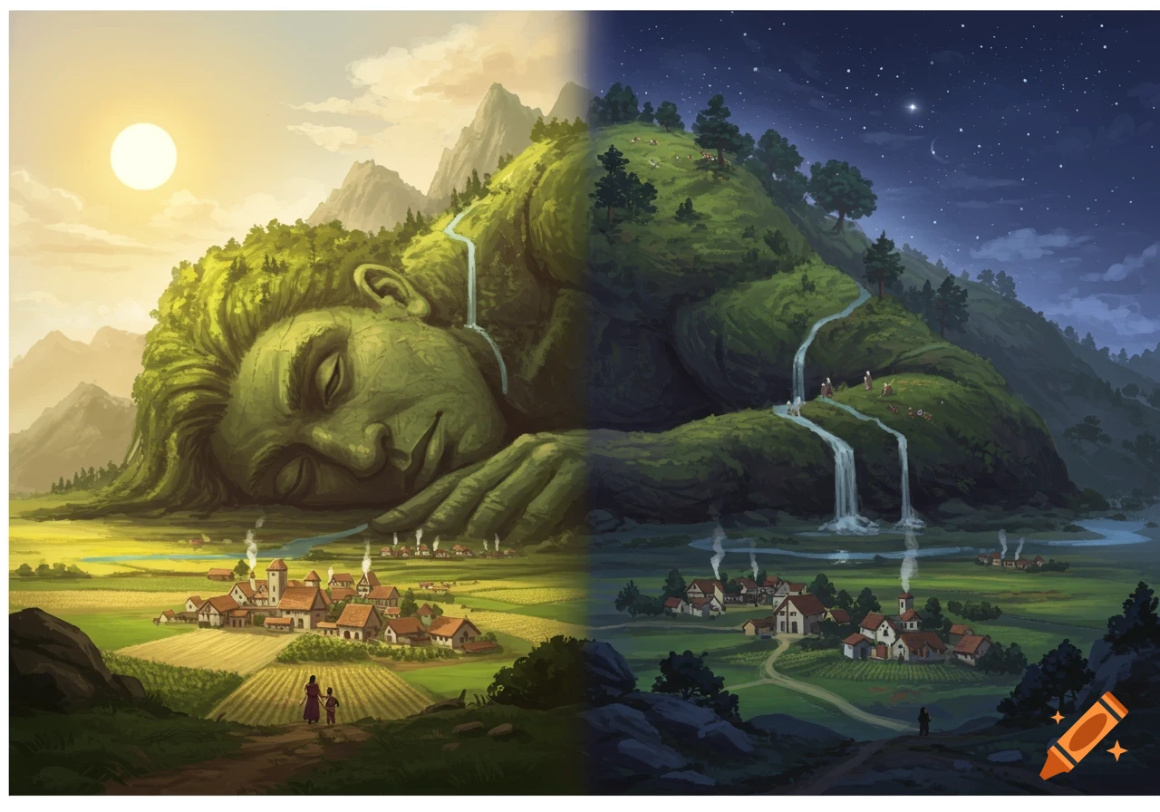 A giant sleeping beneath a village, its body forming hills and rivers. The scene is split into day on the left and night on the right.