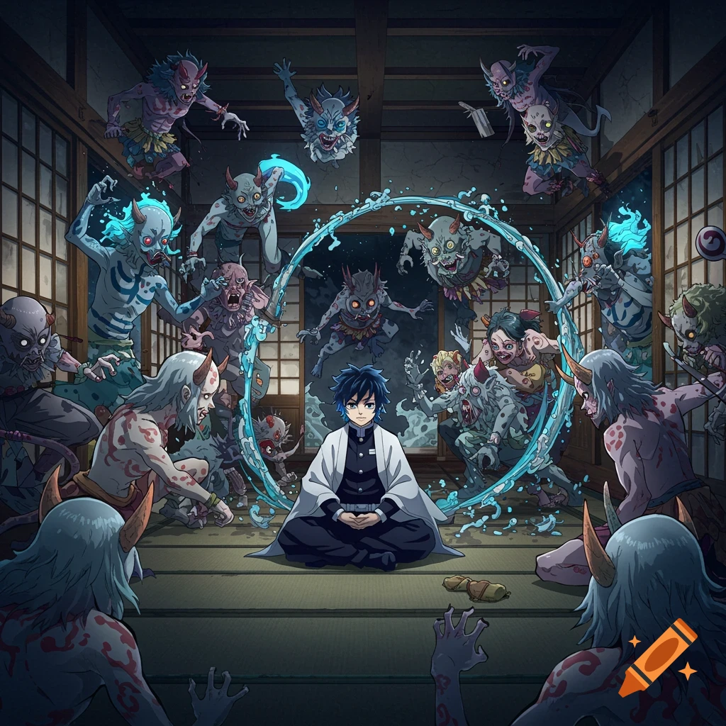 A young demon slayer meditates in a Japanese room as many grotesque demons leap around him in an anime style.