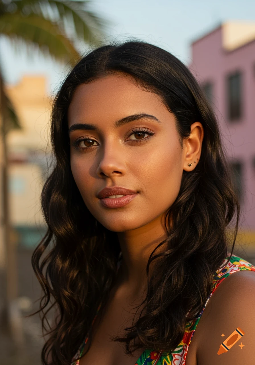 Close-up portrait of a young Brazilian woman with dark wavy hair, looking at the camera.