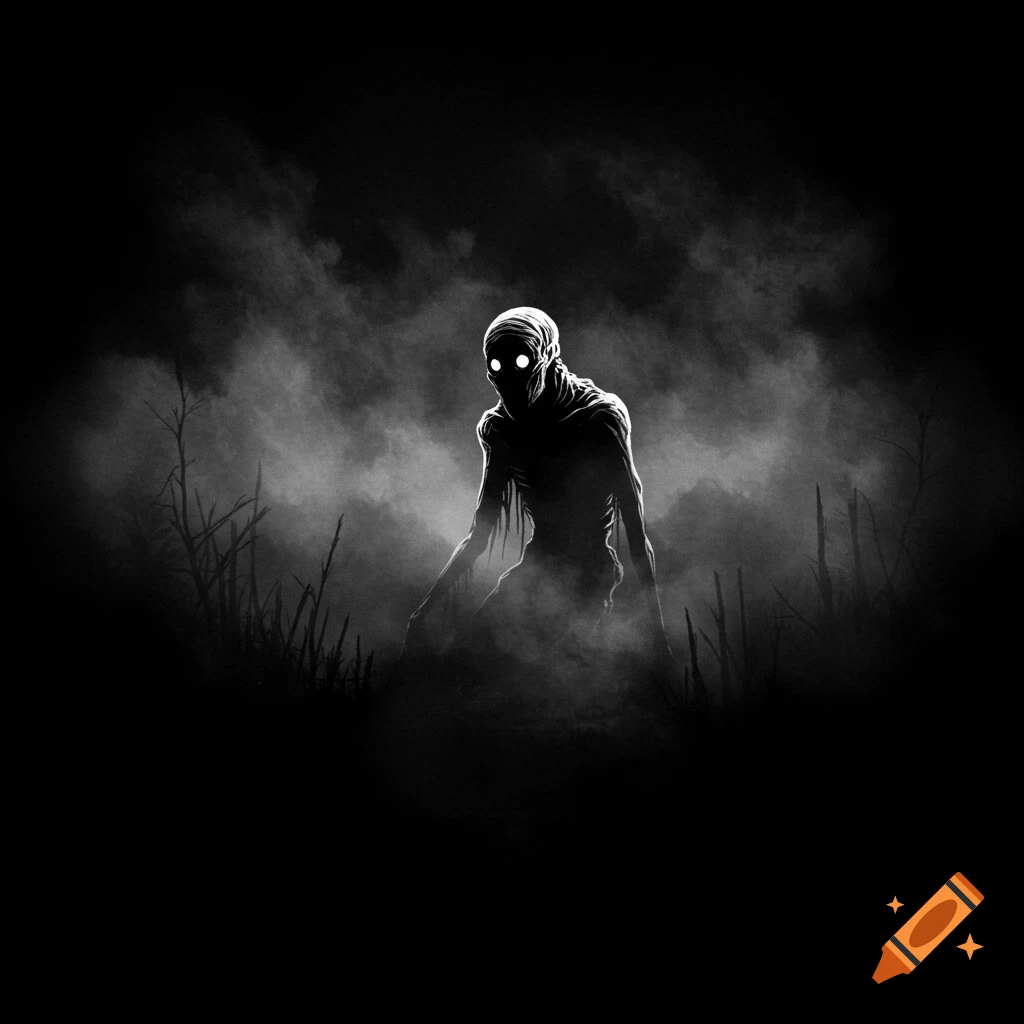 A menacing, shadowy creature with glowing eyes lurks in a dark, foggy, monochrome landscape.