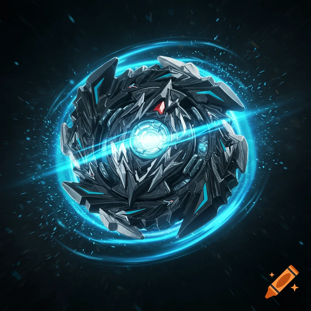 A dark, futuristic spinning top with glowing blue energy and light streaks against a black background.