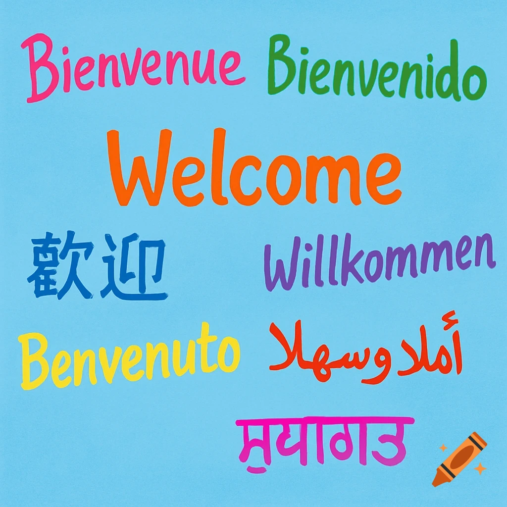 The word 'Welcome' in English, French, Spanish, German, Italian, Mandarin, Arabic, and Punjabi, in various colors on a blue background.