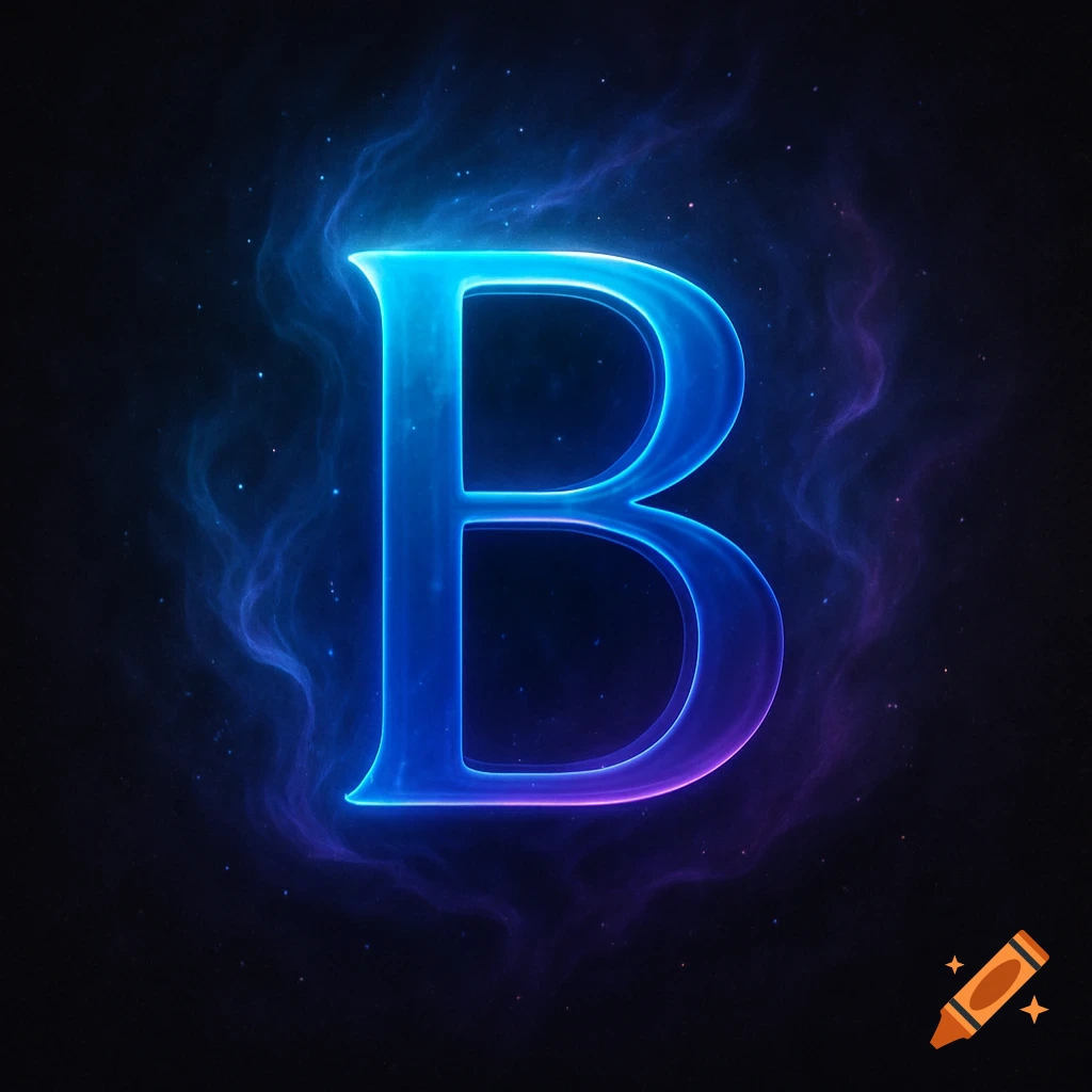 A glowing, blue and purple gradient capital letter B, surrounded by swirling blue and purple mist and small glowing particles on a dark background.