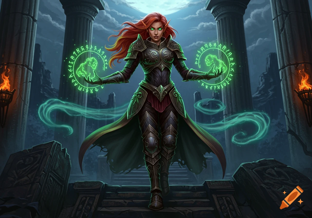A red-haired half-elf warlock in plate mail stands in ancient ruins at night, casting spells with glowing green runes.