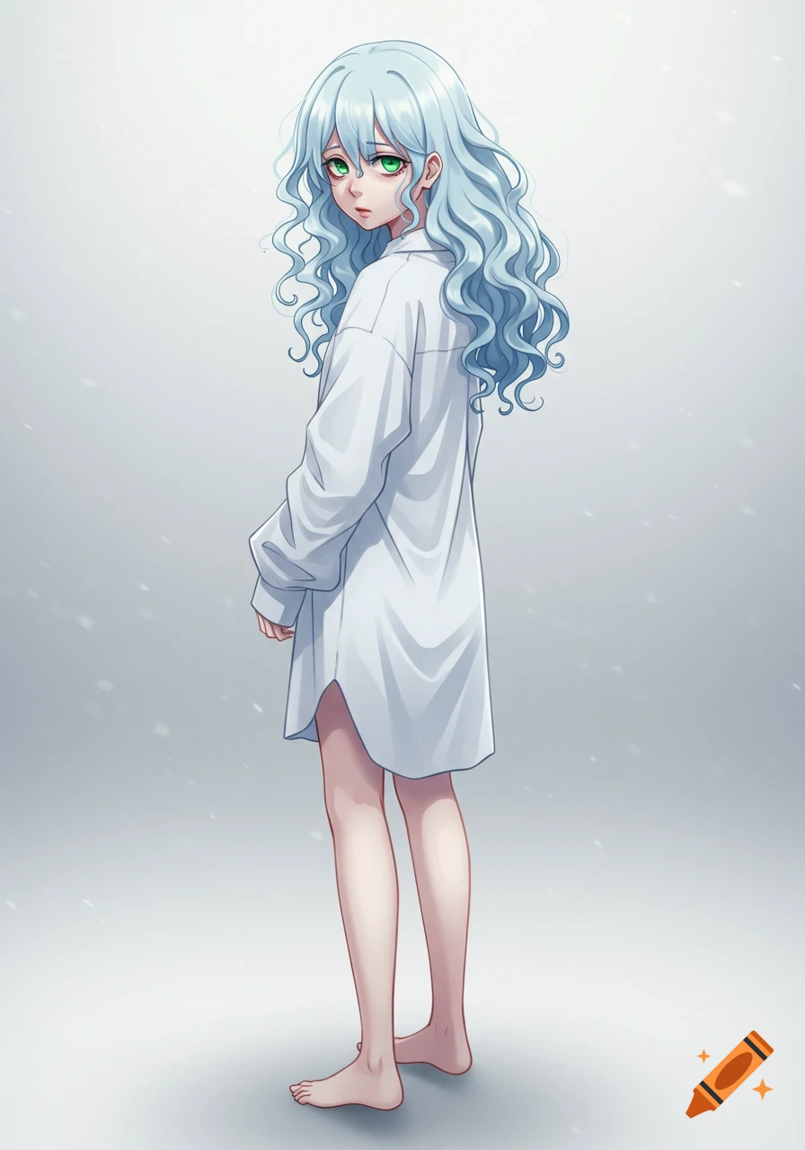 Anime girl with pale blue curly hair, bright green eyes, wearing a white shirt, standing barefoot on a light grey background.