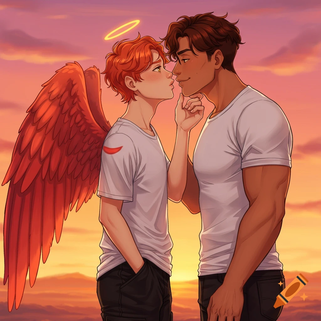Two anime men, one with red angel wings and a halo, gaze lovingly at each other against a sunset sky.