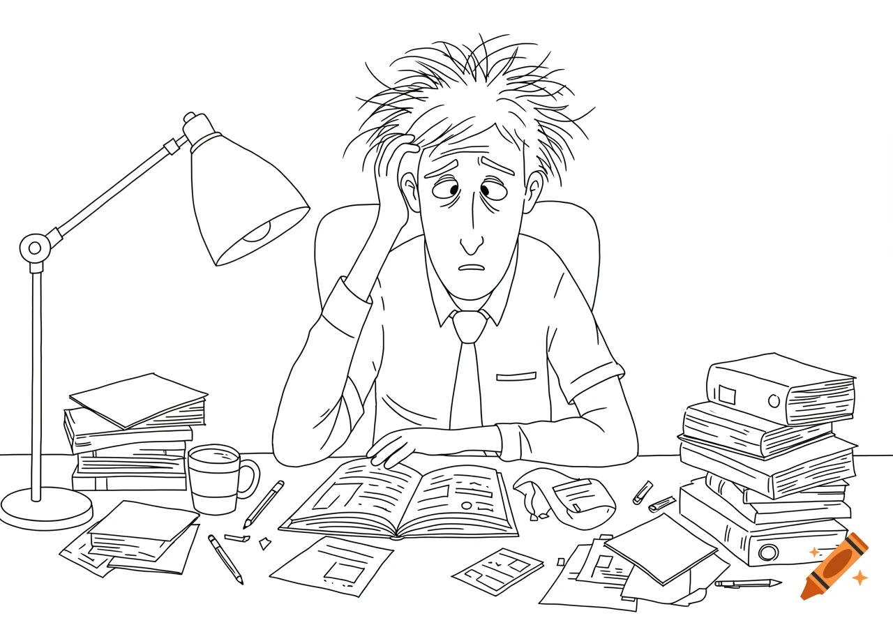 Black and white line drawing of an overwhelmed man with messy hair sitting at a desk cluttered with books and papers.