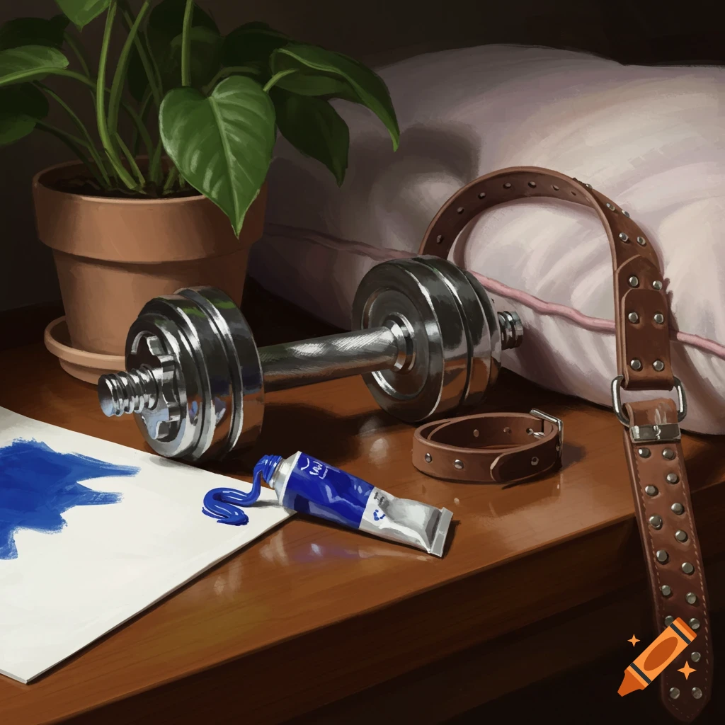 A still life painting of a dumbbell, potted plant, paint tube, and two studded collars on a wooden surface next to a pillow.