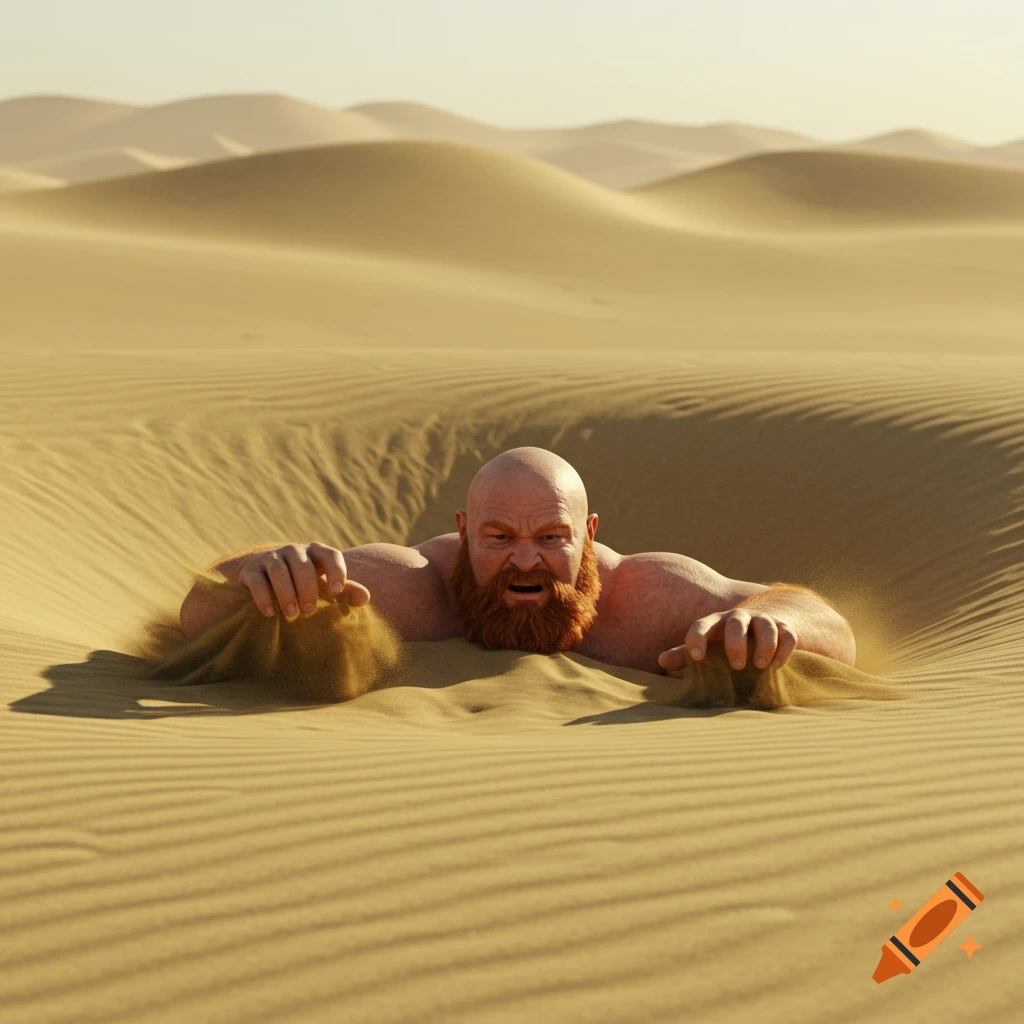 A muscular, red-bearded man struggles to emerge from sinking sand in a vast desert landscape.