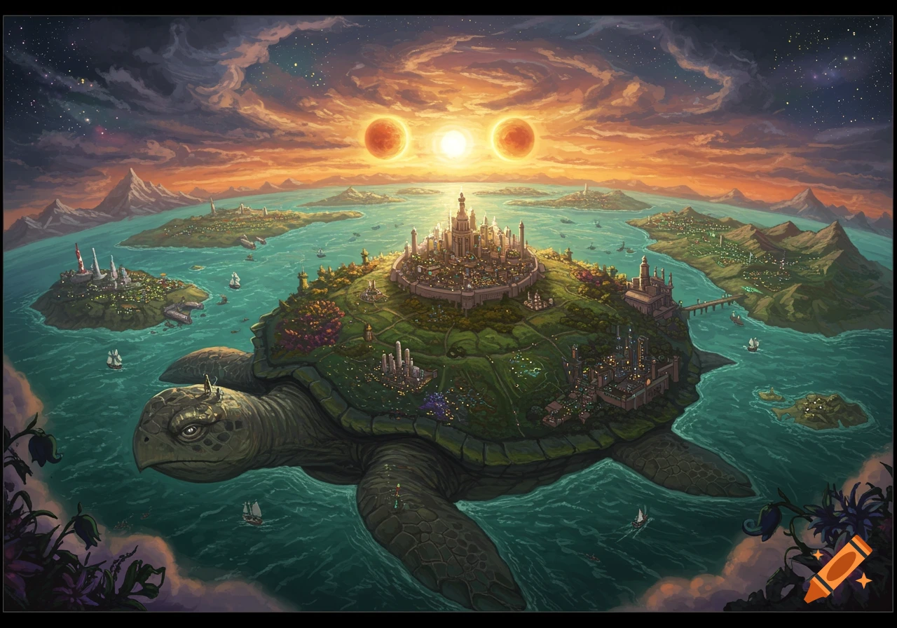 A huge turtle carries a fantasy city and other landmasses on its shell, floating under a sky with three suns.