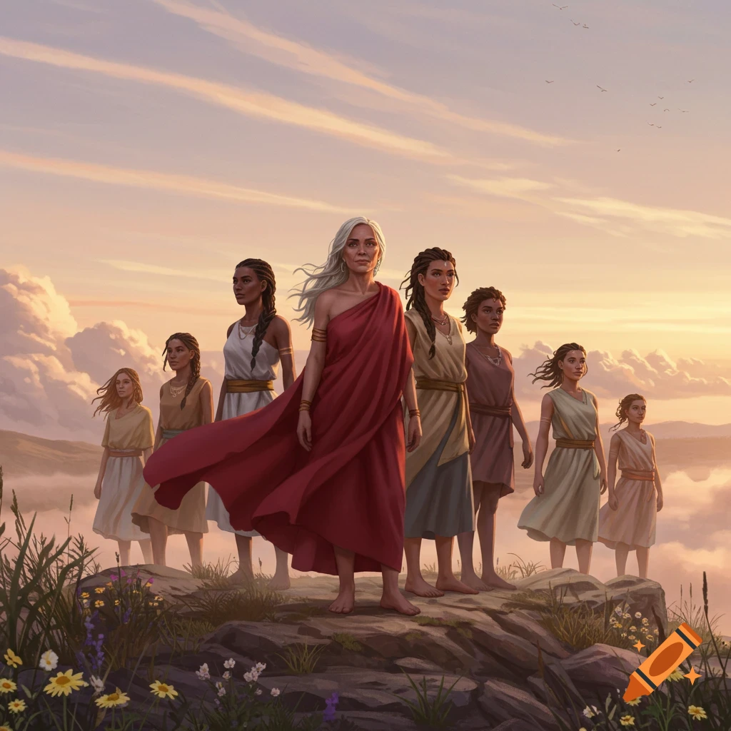 A group of women in ancient-style robes stand on a rocky mountain peak at sunset, looking towards the viewer.