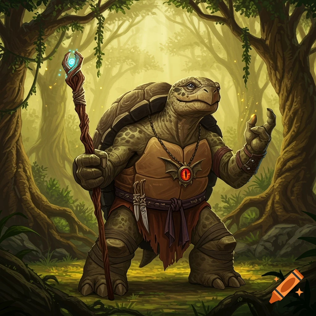An anthropomorphic turtle wizard stands in a sunlit forest, holding a glowing staff and wearing a dragon eye necklace.