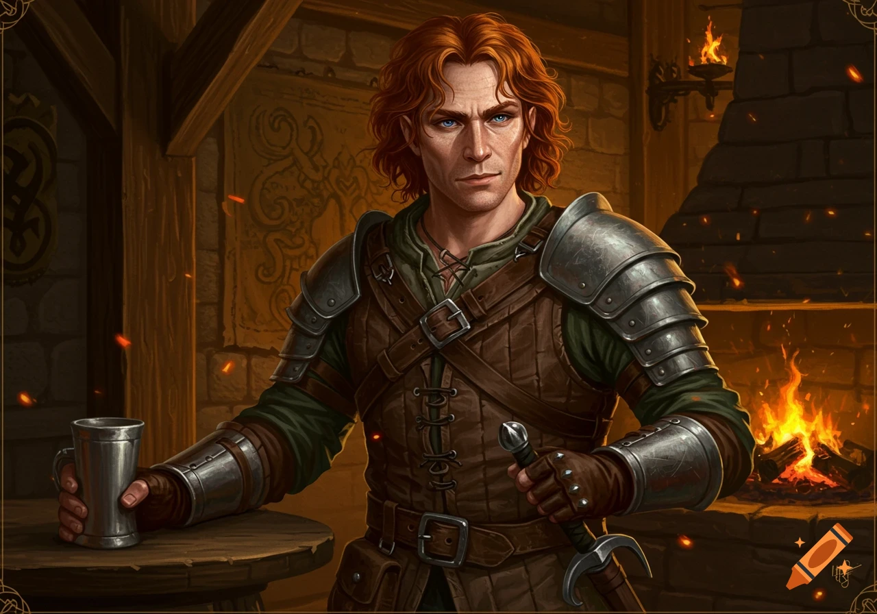 A realistic portrait of a red-haired man in fantasy armor, holding a silver tankard and a sword, in a rustic tavern.