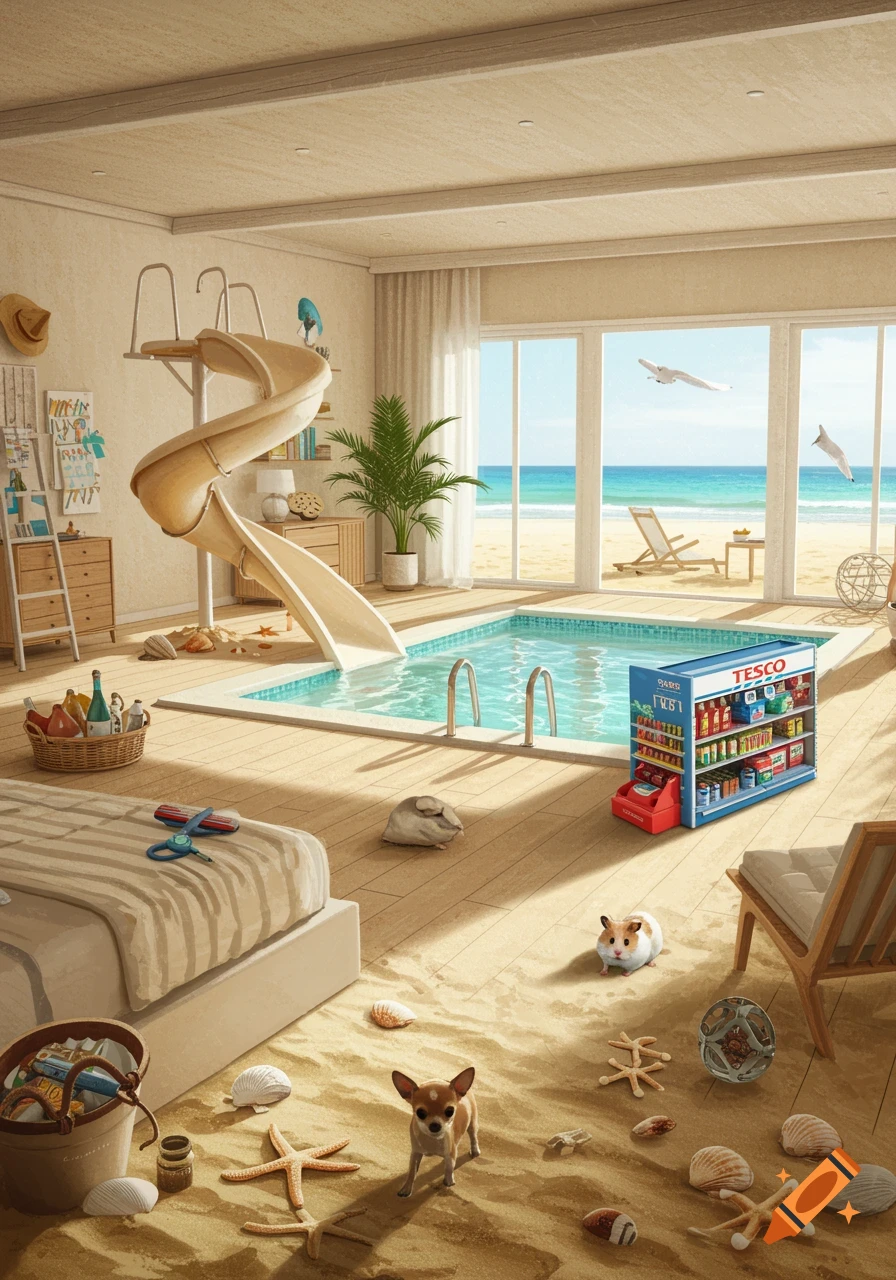 A surreal beach-themed bedroom with an indoor pool, beige slide, Tesco shop shelf, chihuahua, and hamster on a sandy floor, overlooking the ocean.