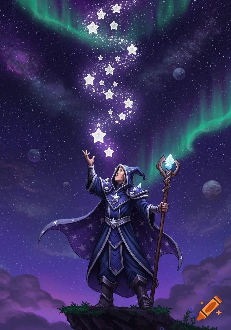 A wizard in a blue, star-patterned robe and hat stands on a cliff, conjuring glowing stars from the dark night sky, which features green aurora and distant planets.