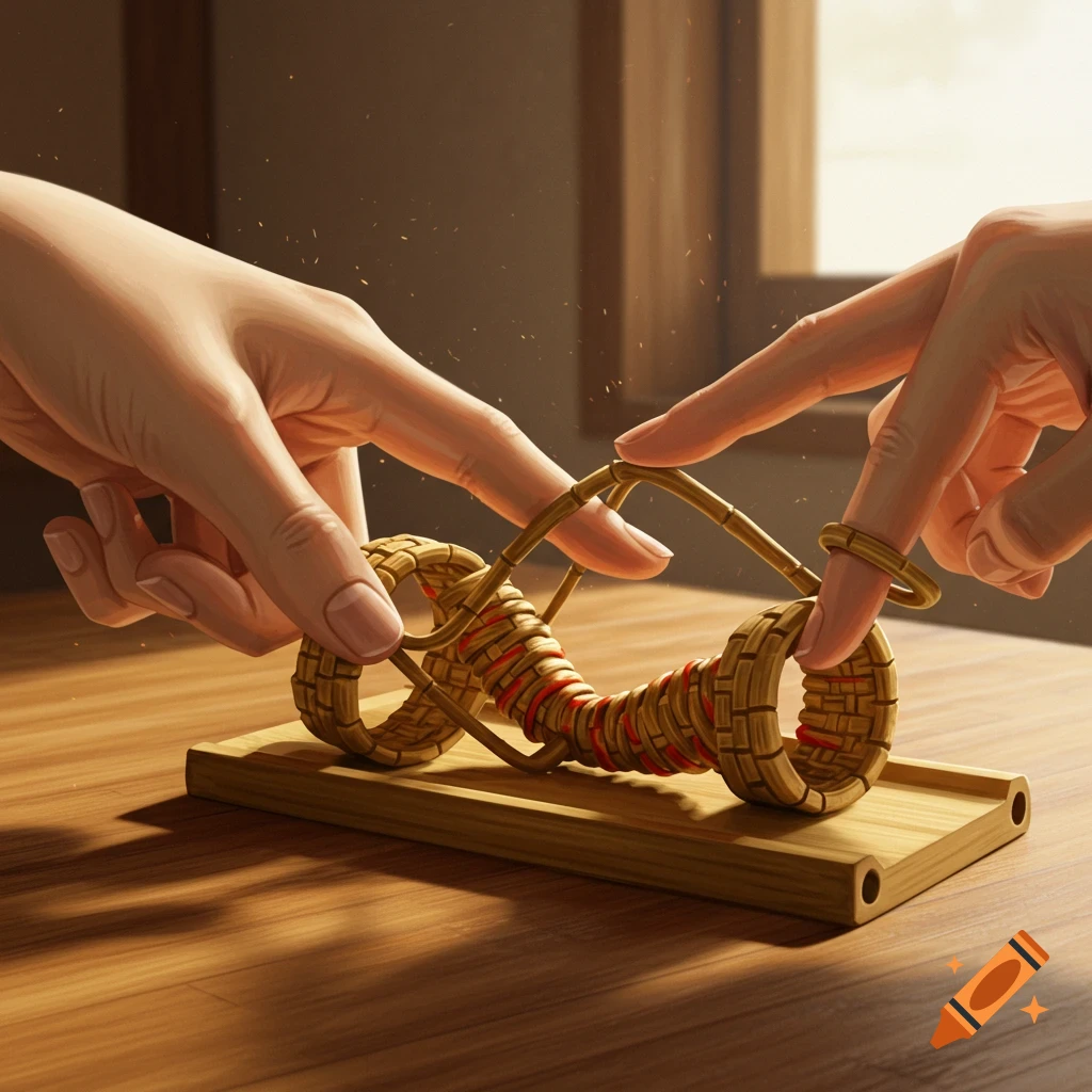 Two hands manipulating a traditional Chinese finger trap made of woven straw and red string on a wooden table.