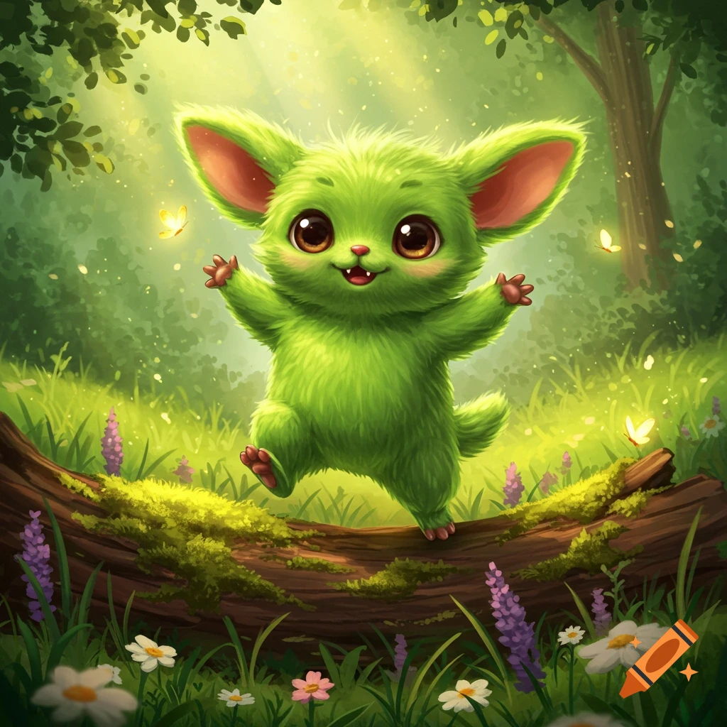 A cute, fluffy green creature with large ears and big eyes balances on a mossy log in a sunlit forest, cartoon style.