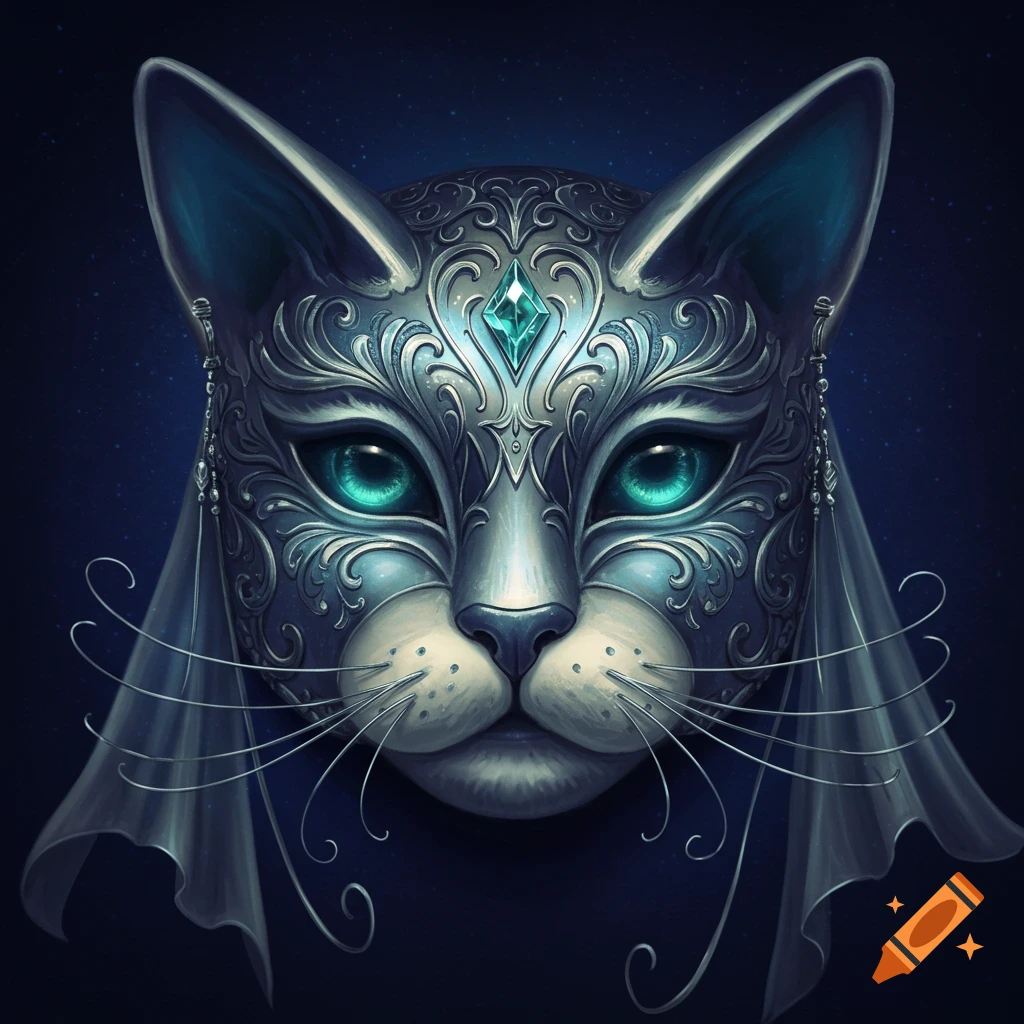 Close-up of an ornate silver cat masquerade mask with glowing teal eyes and intricate filigree details against a dark background.