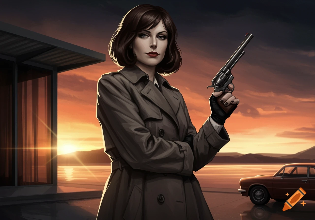 An illustration of a woman in a trench coat holding a revolver, standing in front of a modern building at sunset with a classic car in the background.