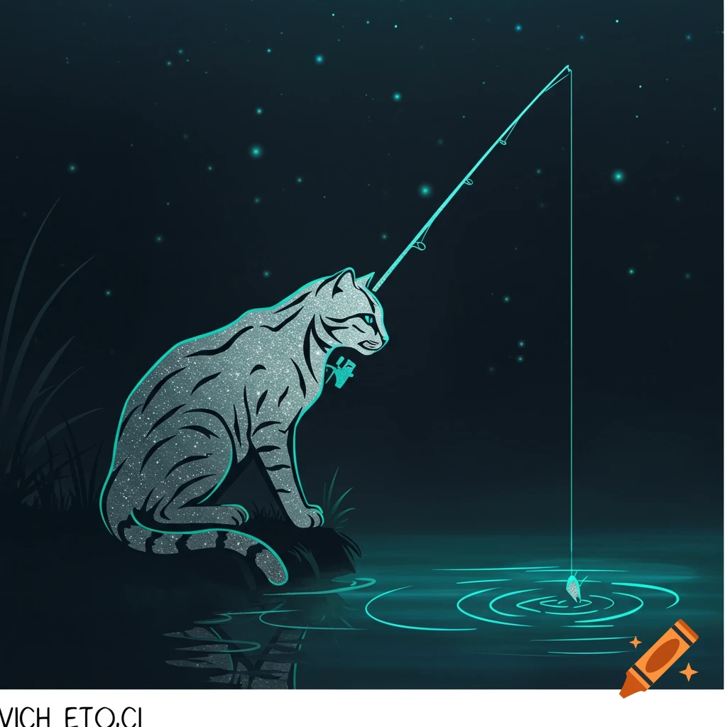 A stylized grey cat with glowing blue accents sits by a body of water, fishing under a starry night sky.