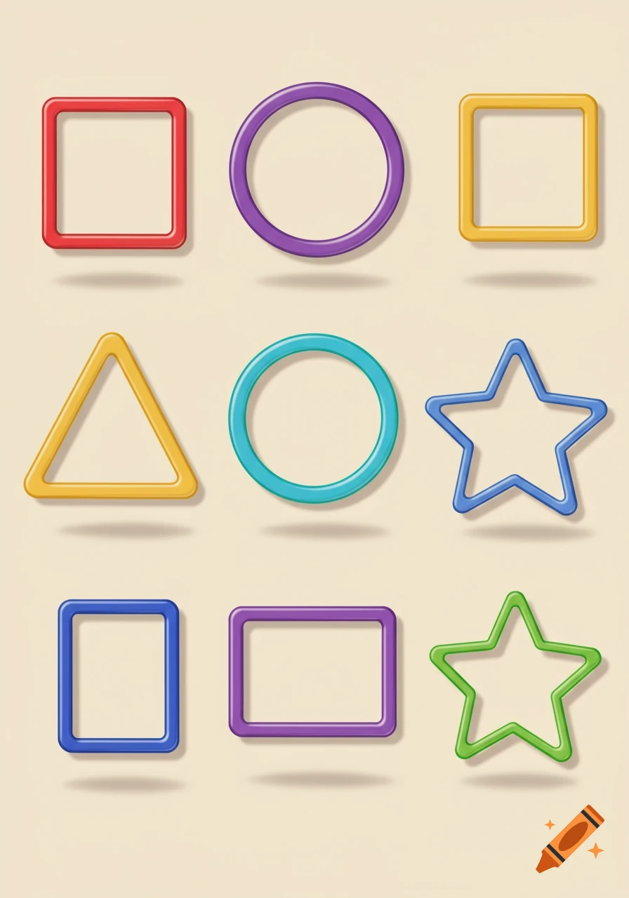 A grid of colorful, rounded geometric outlines including squares, circles, triangles, stars, and rectangles on a light background.