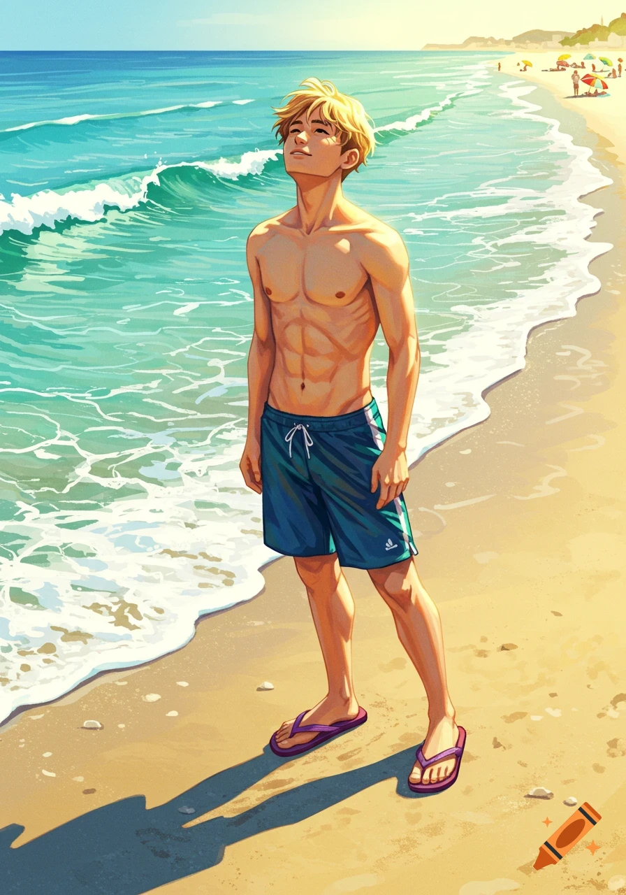An anime-style illustration of a blonde man in blue swim shorts and purple flip-flops standing on a sunny beach, looking up at the sky. Waves crash behind him, and other beachgoers are in the distance.